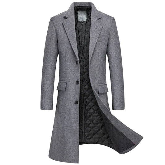 Black Men Wool Long Trench Coat Stylish Single Breasted Quilted Lined Wool Blend Pea Coats Men Winter Cashmere Coat Windbreaker