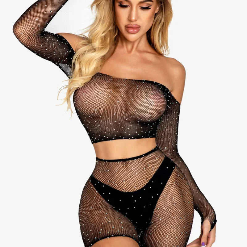 Ropa interior sexy, conjunto de osito de peluche, medias de red, cuerpo de club de taladro caliente, mujer, medias de red sexy huecas, medias, lencería erótica