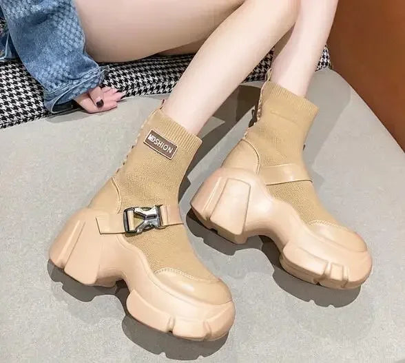 Botines de plataforma alta de 8 cm para mujer, botas cortas con suela gruesa y suela gruesa, antideslizantes, para motocicleta, para otoño