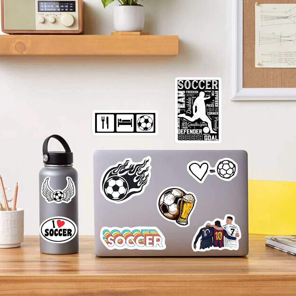 Pegatinas deportivas de fútbol, camisetas de jugadores, cascos, juguetes, calcomanías para portátiles, teléfonos, botellas, decoración, impermeables.