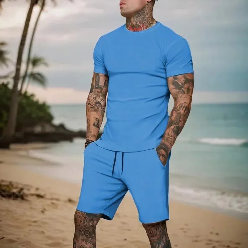 Conjunto de camiseta y pantalones cortos de manga corta, ropa deportiva transpirable para hombre, novedad de verano 2025, ropa popular de secado rápido