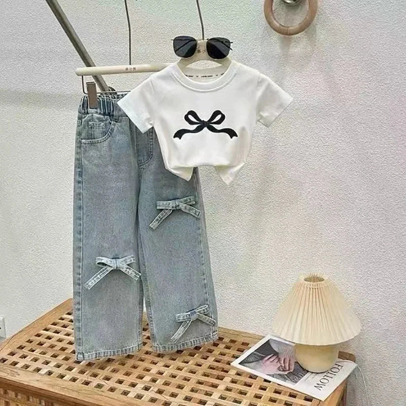 Conjuntos de ropa para niñas, traje con lazo, camiseta de manga corta y vaqueros, 2 piezas, atuendo de verano de 3 a 10 años