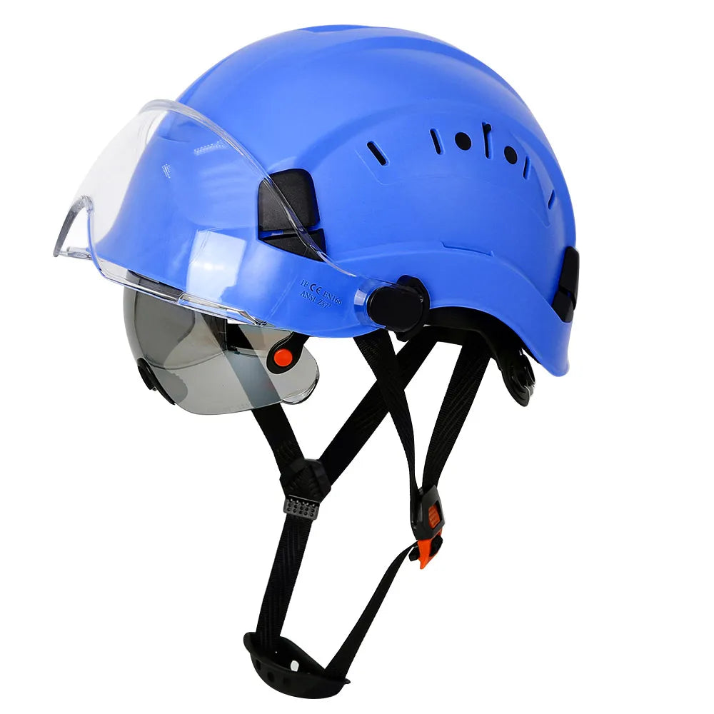 Casco de seguridad con patrón de fibra de carbono y gafas de doble visera para ingenieros, casco de seguridad CE ANSI ABS, gorra de trabajo industrial, rescate