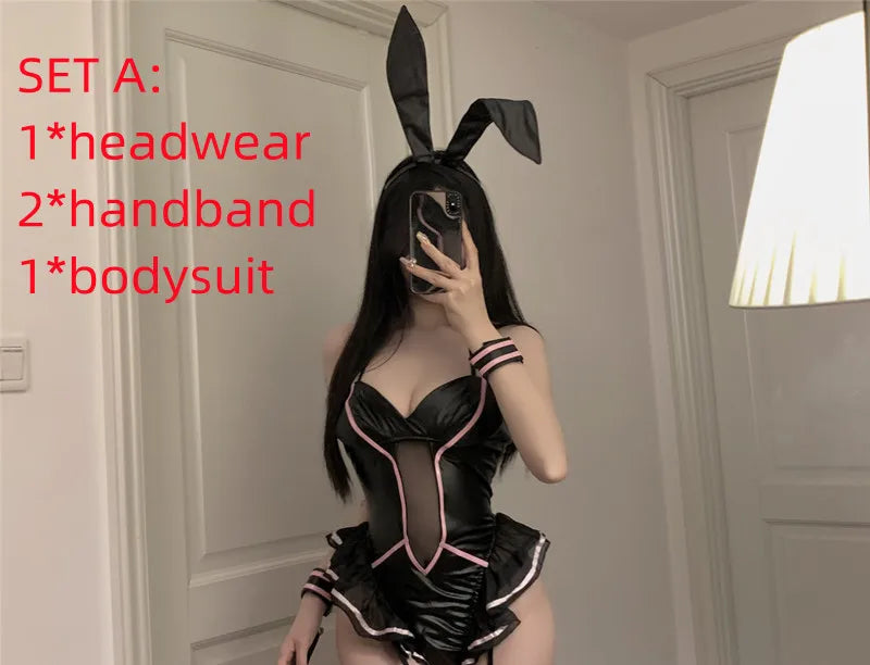 NEW Bunny Girl Cosplay Costume PU Leather One Piece Bodysuit Sexy Black Pink Rabbit Suit Kawaii Ears Anime Outfit for Women
