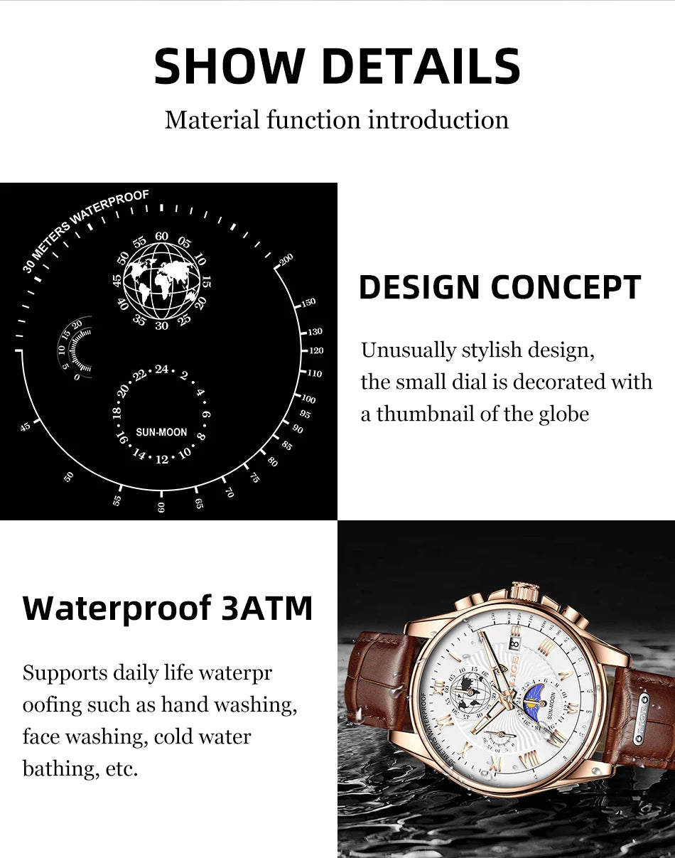 LIGE 2024 - Nuevo reloj de cuero azul para hombre, marca de lujo, resistente al agua, deportivo, con fecha, de cuarzo, Masculino