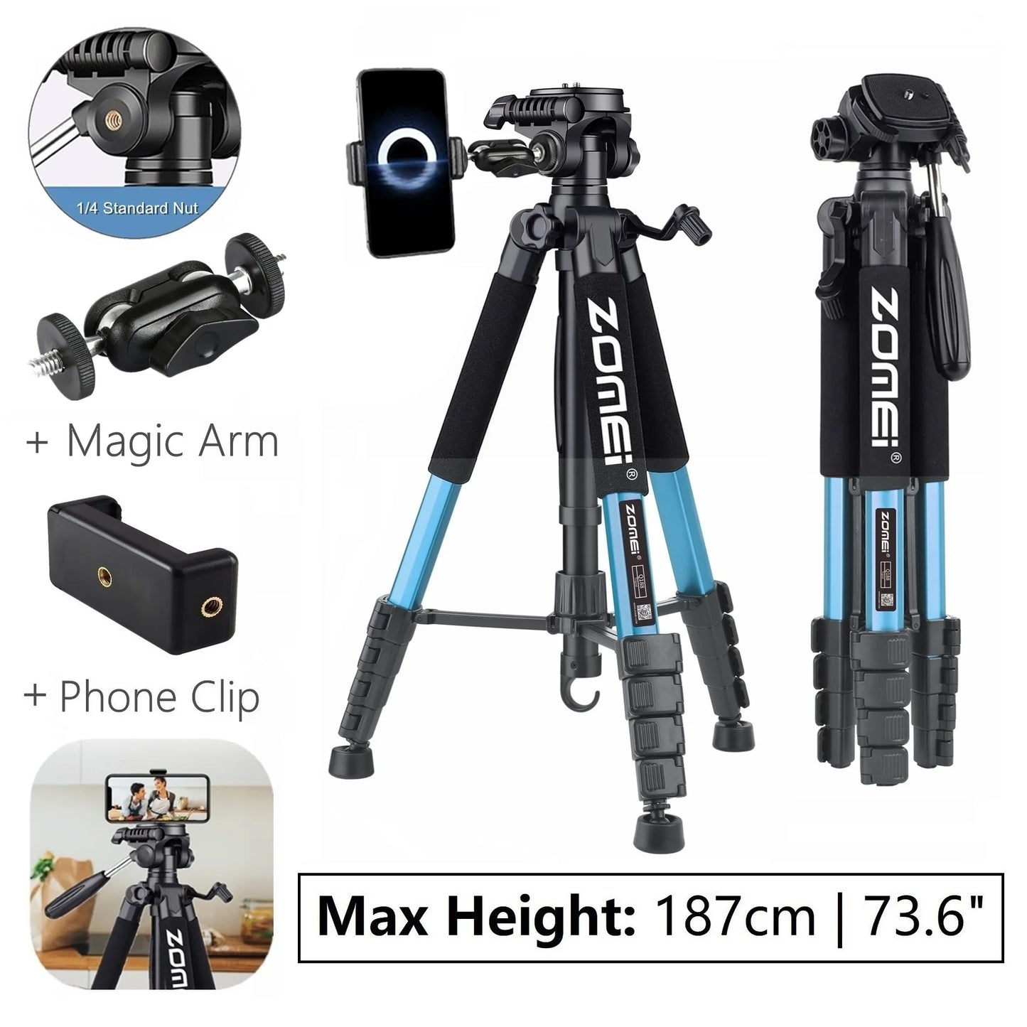 Trípode profesional compacto de aluminio de 188 cm/73,6 pulgadas de alto para cámara digital, Canon, DSLR, teléfono inteligente, trípode fotográfico