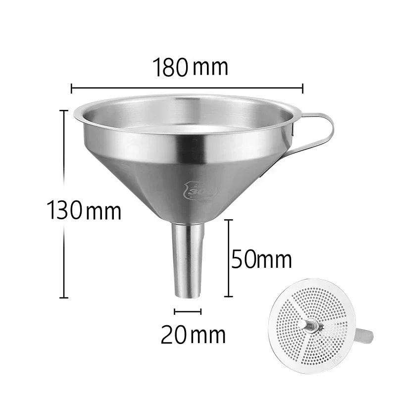 Embudo de acero inoxidable 304 de boca ancha con filtro de malla para aceite de cocina, especias líquidas y utensilios de cocina.