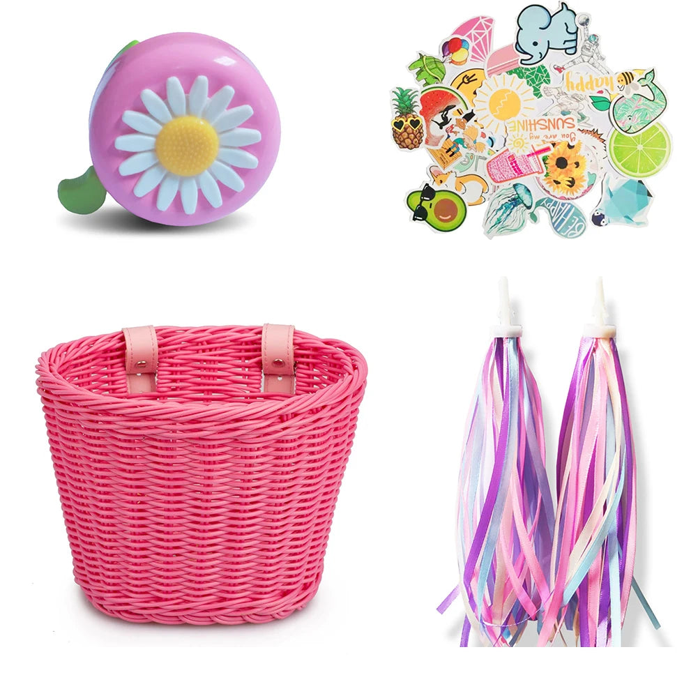 Conjunto de cesta de bicicleta para niños, timbre, borla y pegatinas. Cesta de bicicleta de ratán tejida a mano para manillar delantero. Accesorios de ciclismo.
