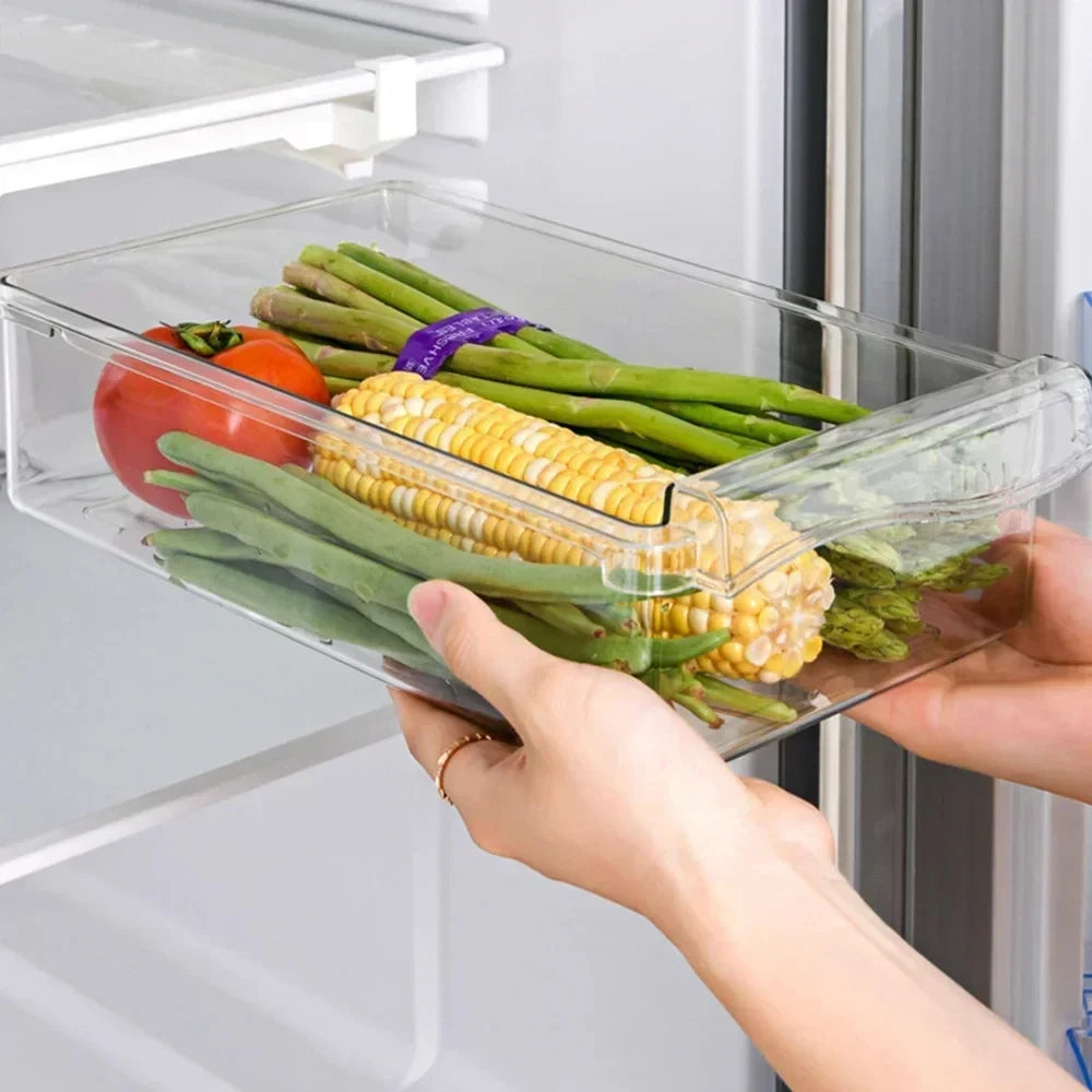 Organizador de refrigerador transparente, caja de almacenamiento para huevos de frutas, cajón debajo del estante, organizador de cocina para mantener la frescura.