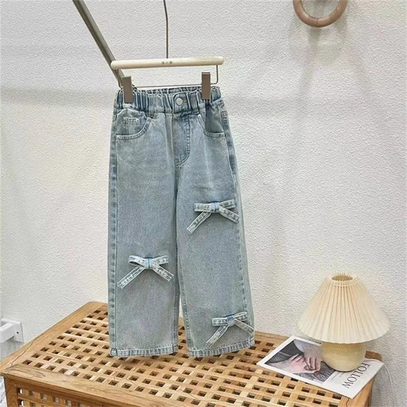 Conjuntos de ropa para niñas, traje con lazo, camiseta de manga corta y vaqueros, 2 piezas, atuendo de verano de 3 a 10 años