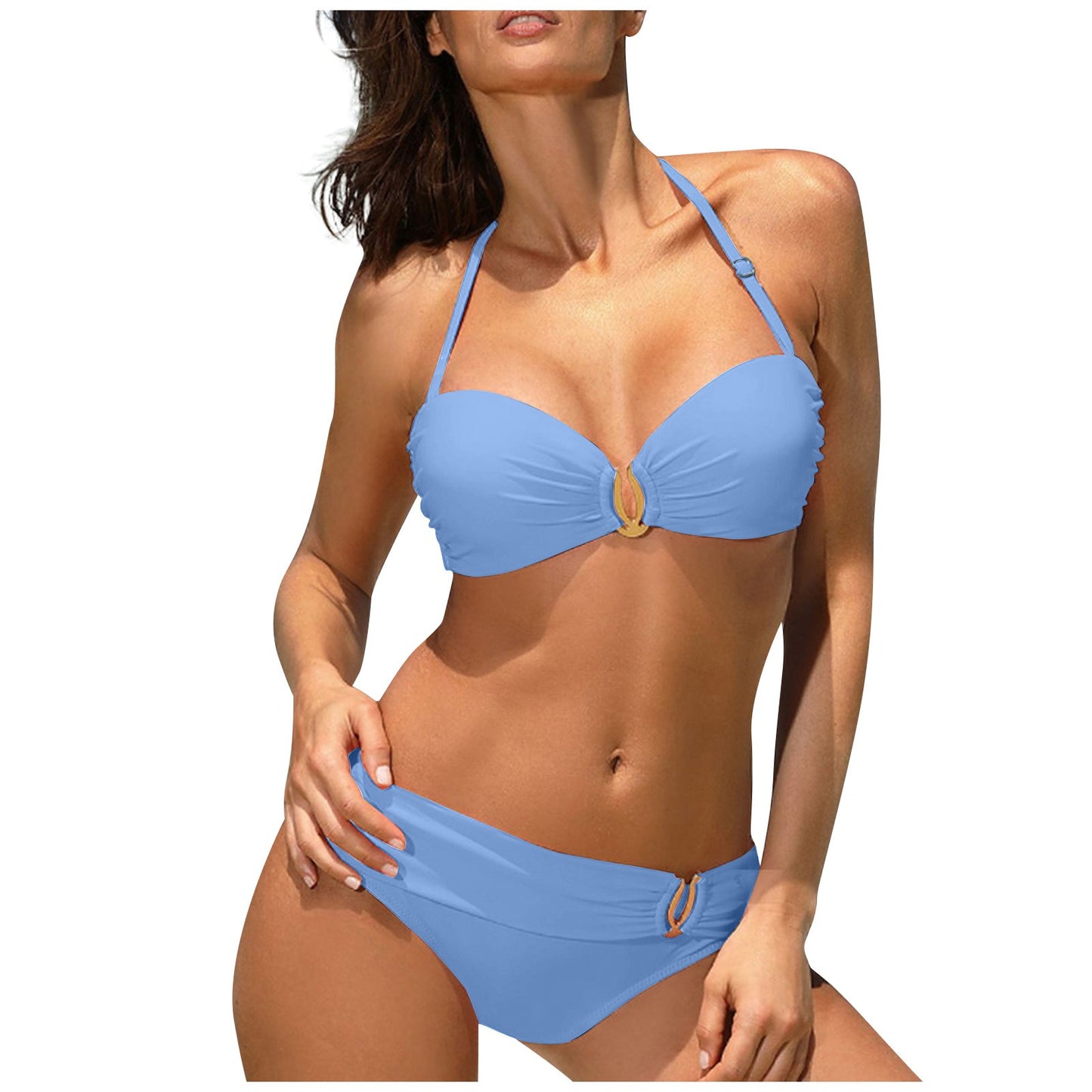 Bikini sexy con aros para mujer, traje de baño blanco liso con cuello halter, microbañador push up de metal, traje de baño brasileño de dos piezas 2023, nuevo