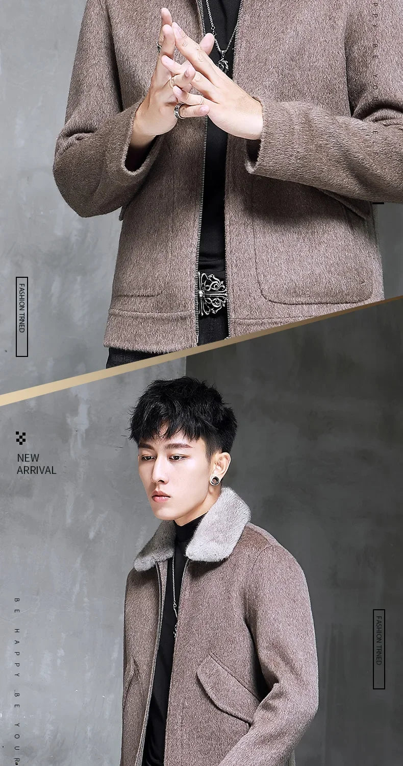 AYUNSUE Spring Autumn Wool Coat Men Double-sided Alpaca Jacket Mink Fur Collar Mens Coats and Jackets Overcoat 1970B KJ3859