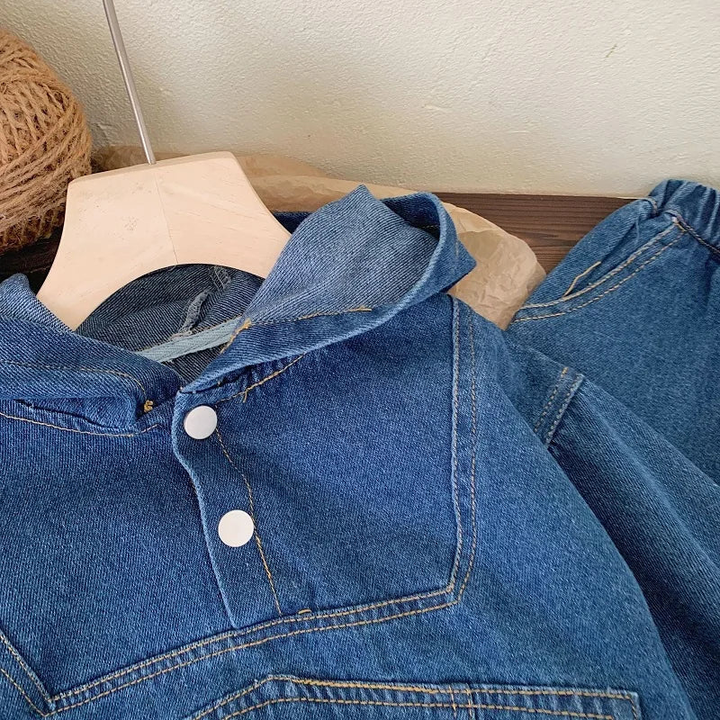 Ropa para niños Primavera y Otoño, sudadera con capucha de mezclilla para niño, conjunto de pantalón y top de manga larga de color liso Baoyang para mujer