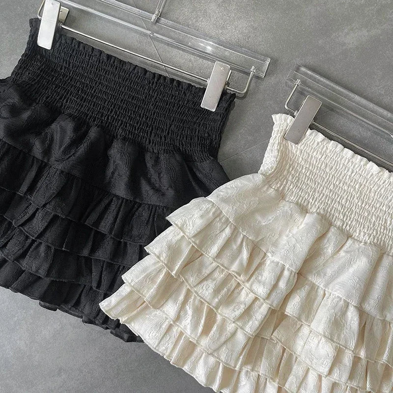 Minifaldas con volantes para mujer, estilo kawaii, de cintura alta, con encaje, estilo coreano, color negro, para verano
