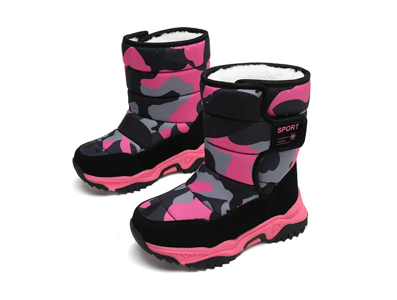 Zapatos de invierno 2025 para niños, de felpa, impermeables, antideslizantes, con suela de goma, botas de nieve cálidas a la moda para exteriores.