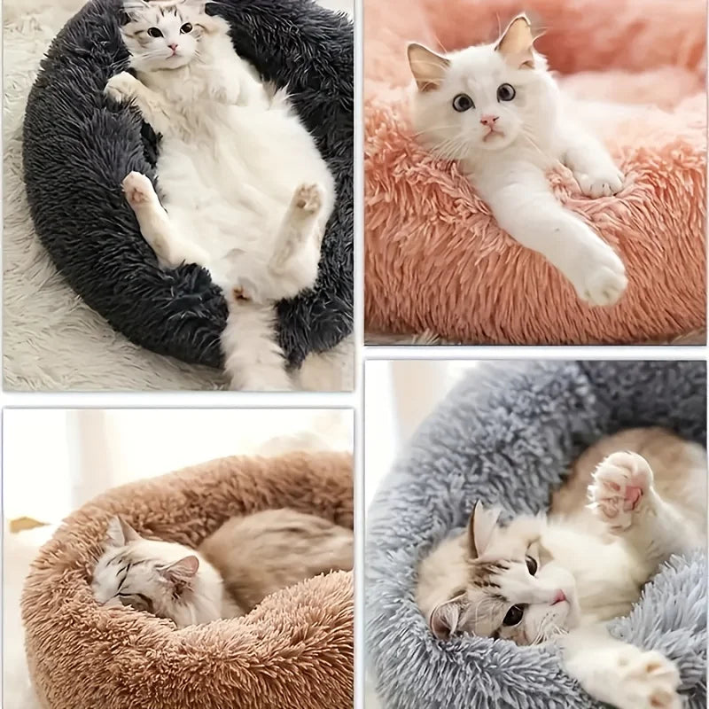 1 cama cómoda de felpa a rayas para mascotas, adecuada para gatos y perros, cálida, nido redondo para dormir profundamente, relleno, gris, suave, para interiores