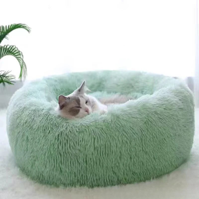 1 cama cómoda de felpa a rayas para mascotas, adecuada para gatos y perros, cálida, nido redondo para dormir profundamente, relleno, gris, suave, para interiores