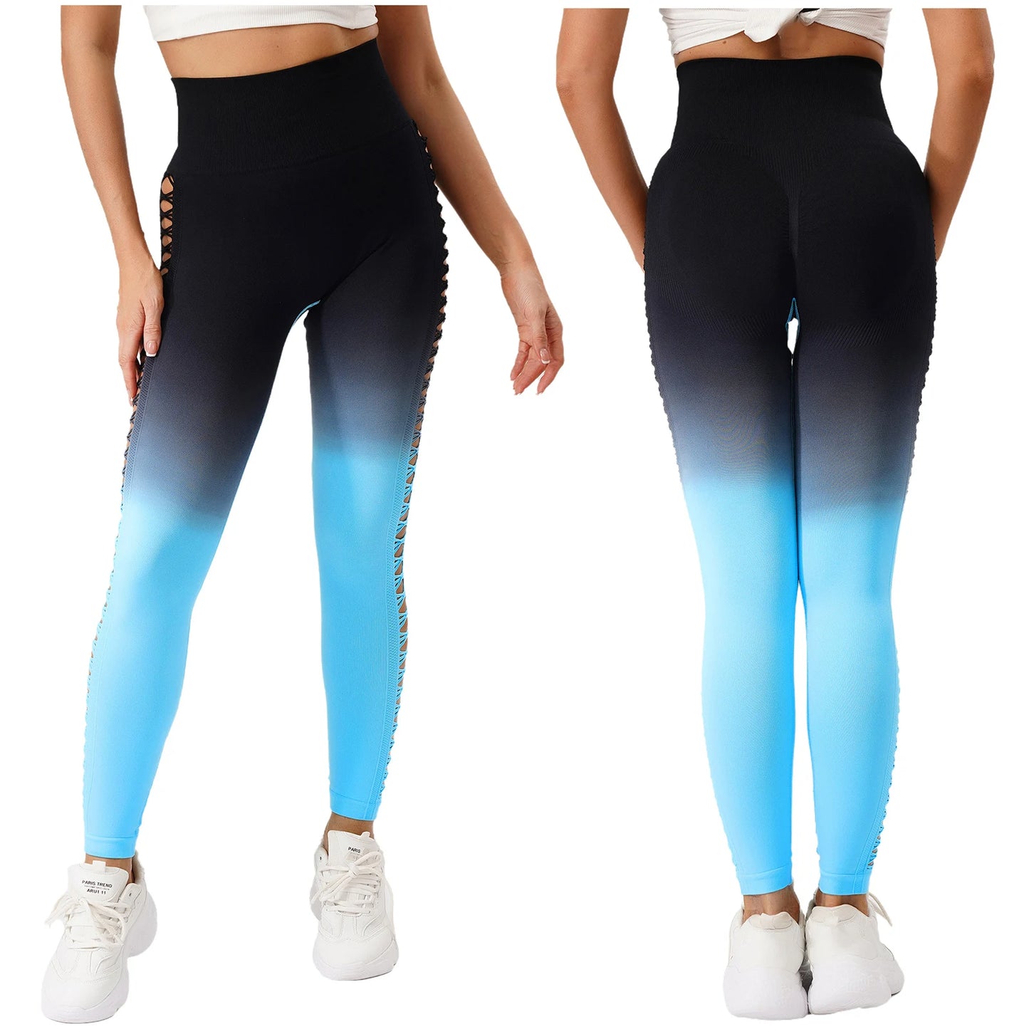 Womens Hip Tight Yoga Pants High Waist Side Hollowed-Out Mesh Design Exercise Yoga Leggings Running Gym Fitness