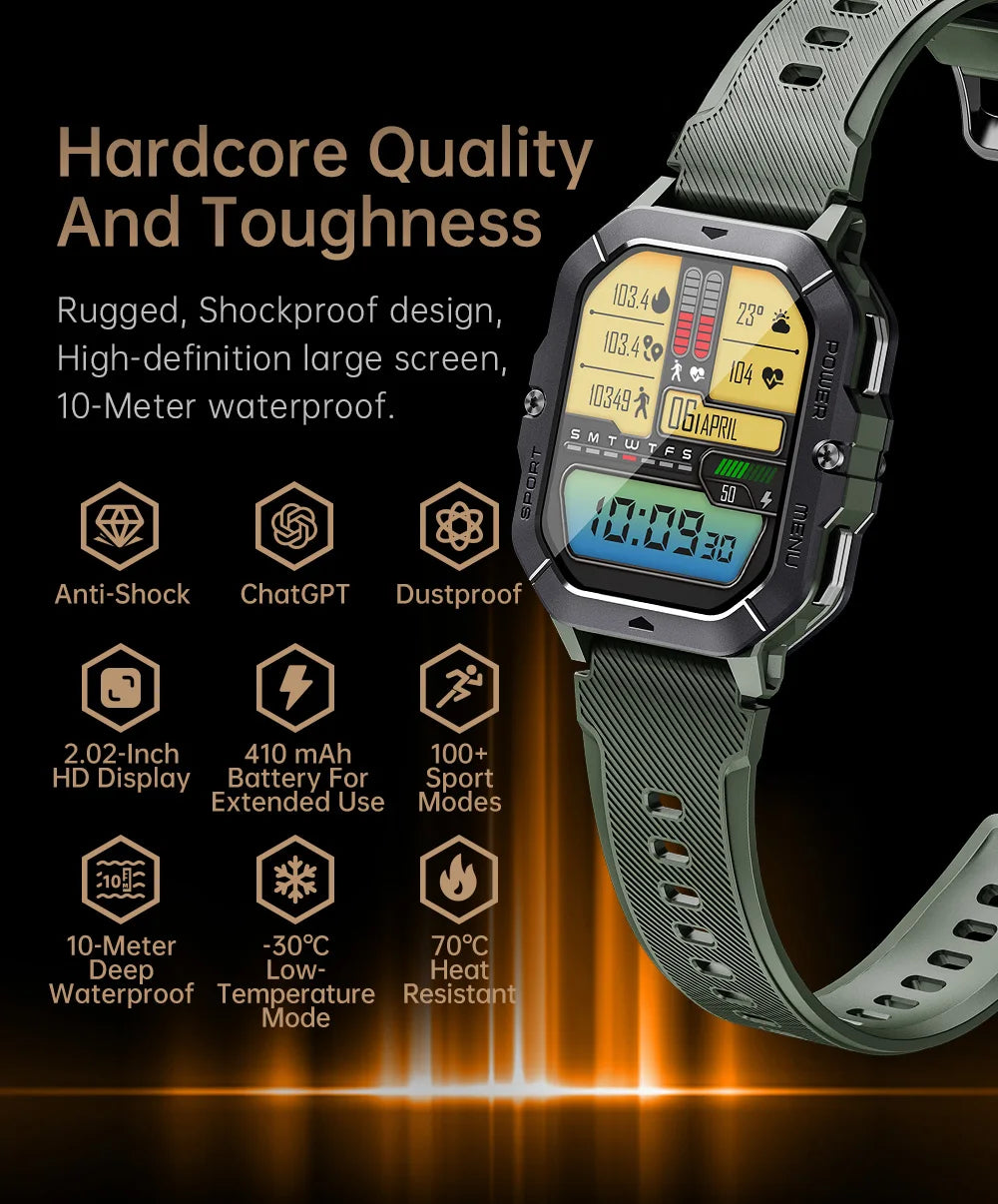 Reloj inteligente con Bluetooth de 2,02 pulgadas para hombre y mujer, batería de 410 mAh, resistente al agua hasta 1 ATM, monitor de ritmo cardíaco y salud, para deportes al aire libre