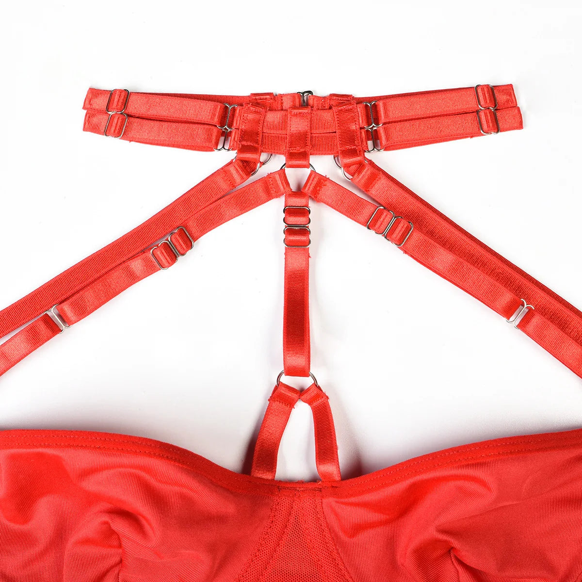 Conjunto de lencería sexy para mujer, con panel de encaje, escote en V profundo, glúteos abiertos, tirantes con forma de corazón de melocotón, cadena cruzada, liguero, ropa interior de tres piezas