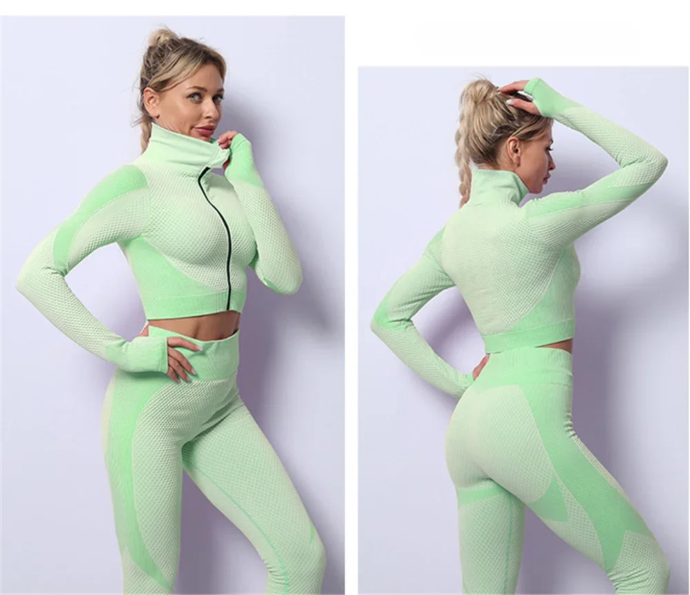 Conjunto de 3 piezas de yoga sin costuras, chaleco deportivo de fitness, pantalones de cintura alta que levantan la cadera, ropa de entrenamiento, conjunto de leggings de gimnasio para mujer