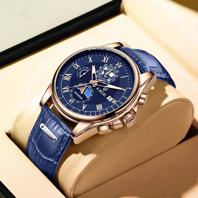 LIGE 2024 - Nuevo reloj de cuero azul para hombre, marca de lujo, resistente al agua, deportivo, con fecha, de cuarzo, Masculino