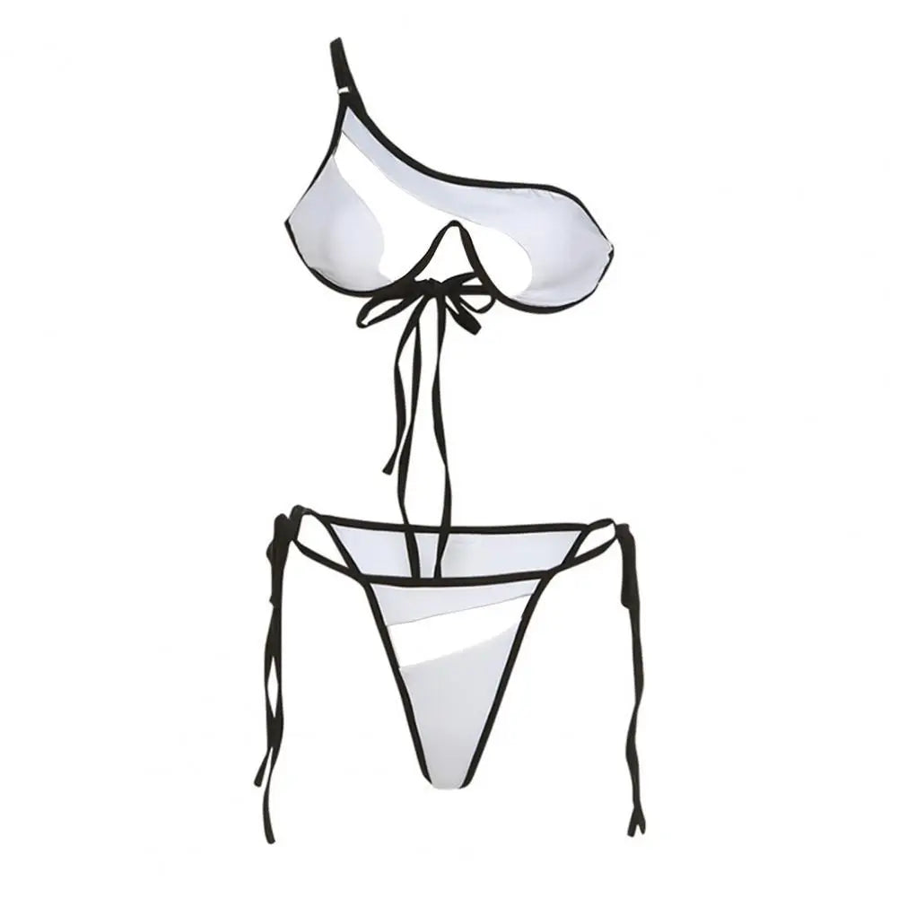 Conjunto de bikini de dos piezas con tirantes finos y un hombro, cintura alta, para playa, con perspectiva de retazos de hilo de red, bikinis sexys