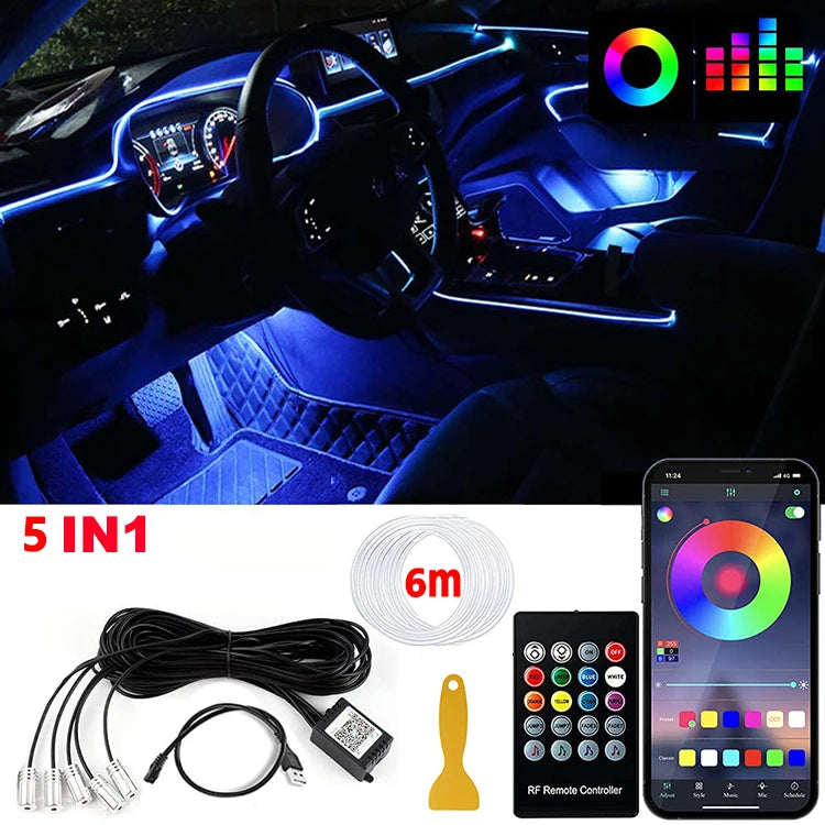 Tira de luces LED para ambiente interior de coche, RGB, fibra óptica, iluminación de neón con control remoto por aplicación, lámparas decorativas para coche