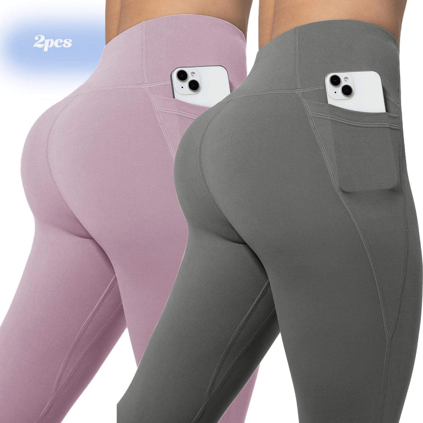 Leggings de yoga para mujer, 2 unidades, con bolsillos, color liso, para gimnasio, actividades al aire libre, cintura alta, ajustados, pantalones deportivos para correr.