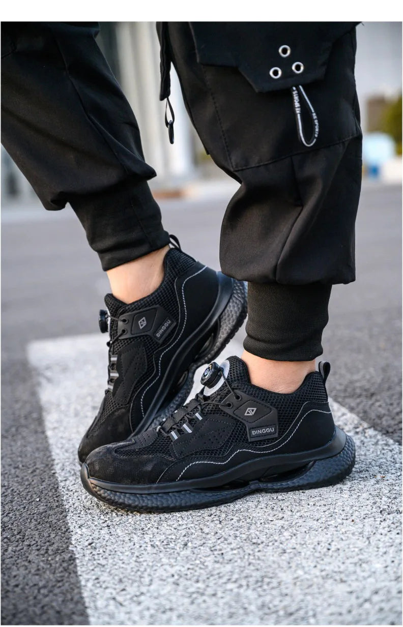 Zapatos de seguridad de trabajo con botón giratorio para hombres y mujeres, zapatos con puntera de acero, botas de seguridad indestructibles, zapatillas de trabajo protectoras ligeras.