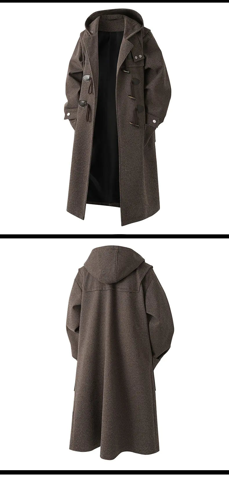 Autumn Men Thick Hooded Trench Coat Men Korean Wool Blends Overcoat Men Casual Horn Button Woollen Coat Black Warm Loose Coat