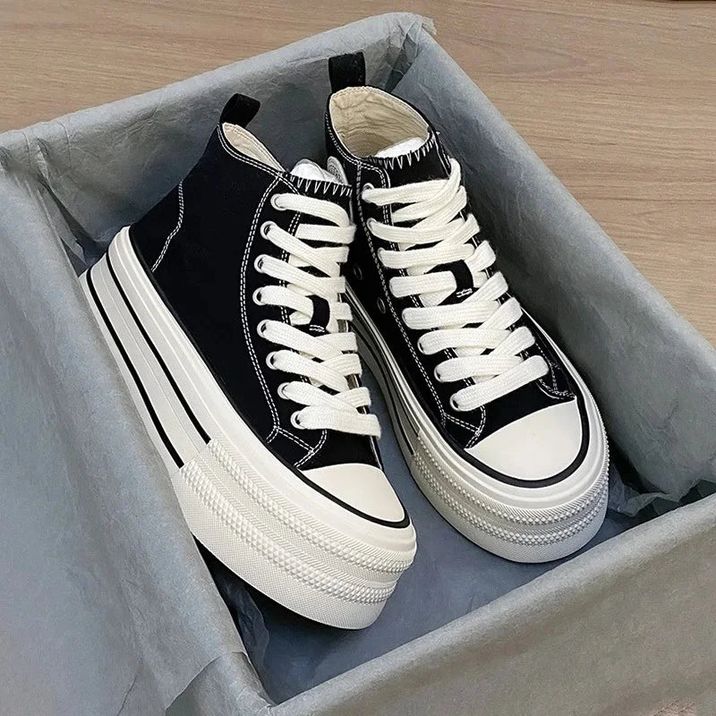 Zapatos de lona altos para mujer, transpirables, con suela gruesa de goma, estilo universitario, versátiles, para verano, color blanco