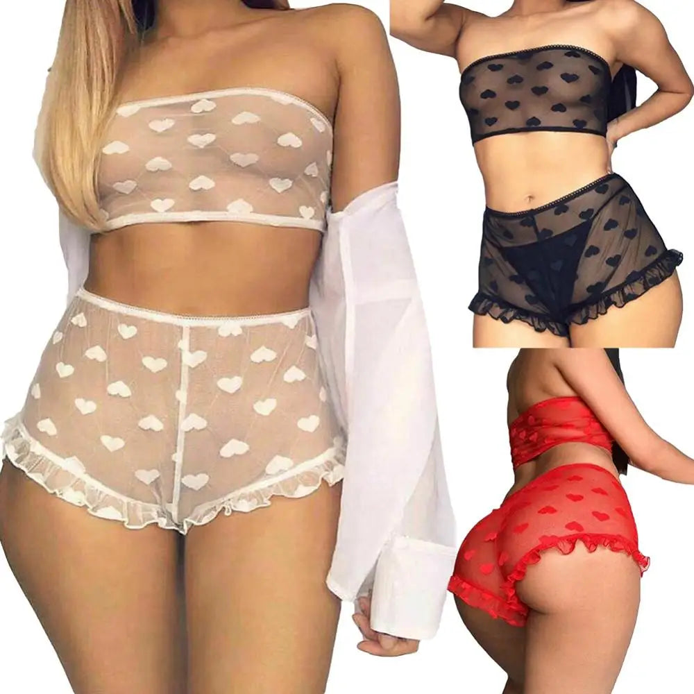 Conjunto de ropa interior erótica para mujer, top de tubo con estampado de corazones transparente, microshorts de encaje, lencería sin entrepierna, body sexy de encaje tipo babydoll.
