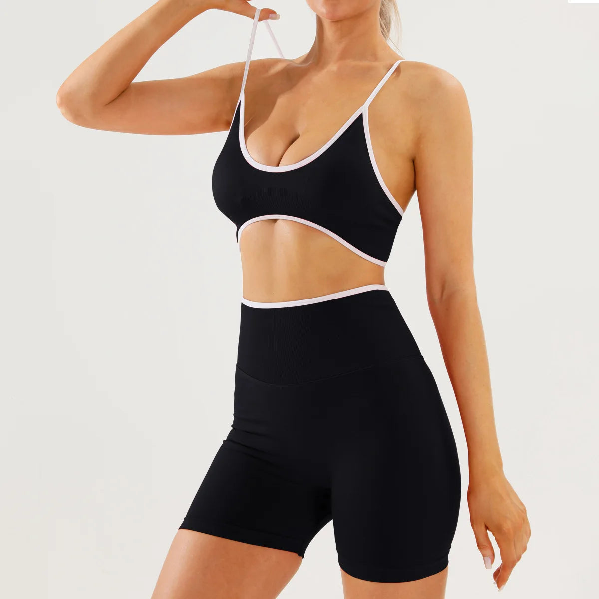 Traje deportivo color block para mujer, ajustado y sin espalda, ideal para yoga, secado rápido, correr al aire libre y hacer ejercicio.