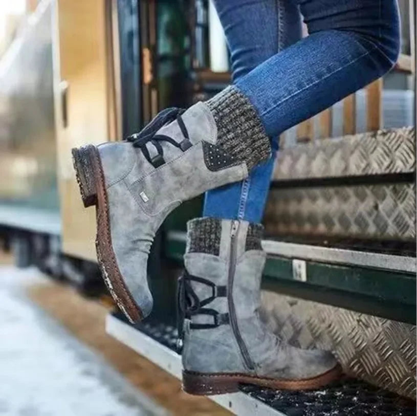 Botas de invierno a media pantorrilla para mujer, zapatos de invierno, botas de nieve a la moda para mujer, botas altas de gamuza cálidas 2025