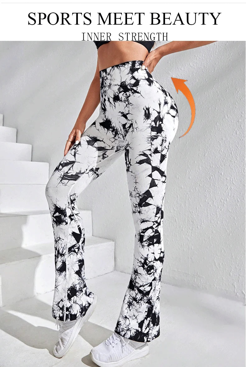 Women Tie Dye Flared Pants Knit Seamless Leggings High Waist Butt Lift Fitness Pants Gym Yoga Cycling Slim Fashion Flared Pants