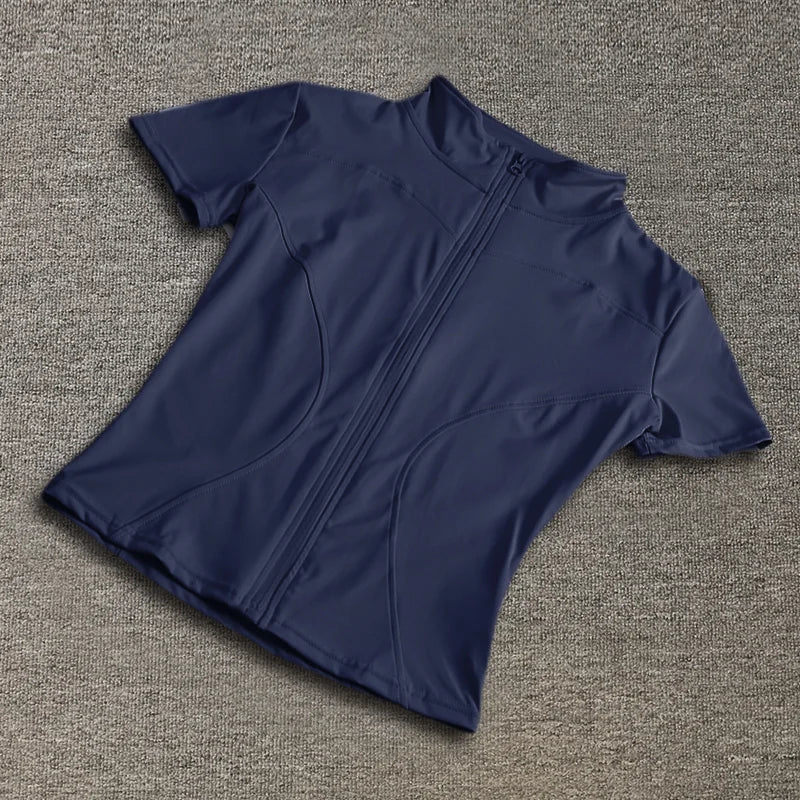 Camisetas de entrenamiento adelgazantes de cintura de verano de alta calidad para mujer, de secado rápido, con cuello alto ajustado y cremallera completa, camisetas de yoga de manga corta.