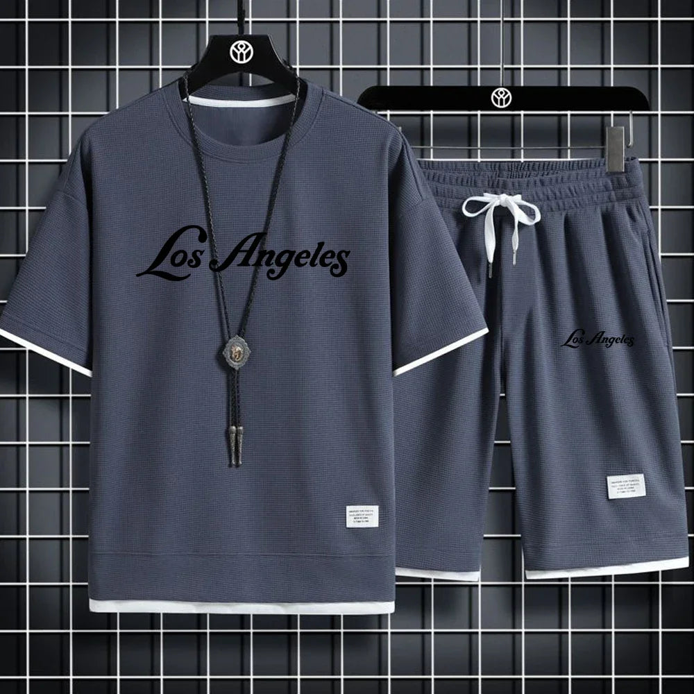 Conjunto de camiseta y pantalones cortos deportivos, conjunto deportivo de verano para hombre, conjunto informal sencillo de manga corta con forma de gofre