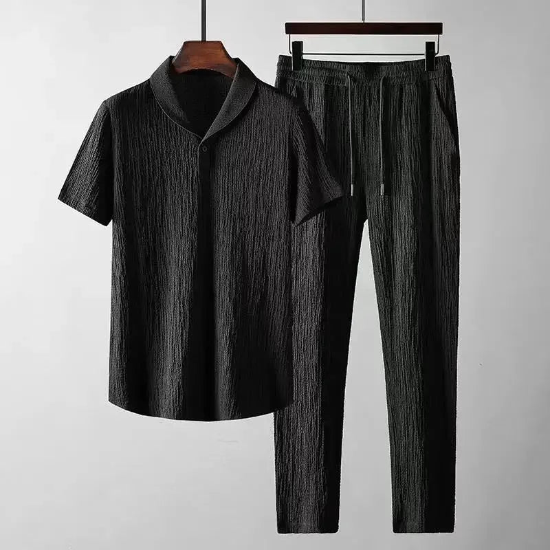 Conjunto de polo informal para hombre, moda de verano, manga corta plisada, cuello vuelto, traje de dos piezas, ropa ligera para hombre