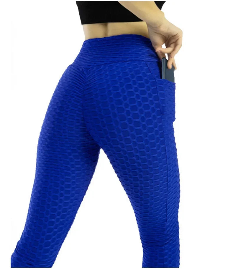 Leggings de cintura alta con efecto push-up de Amazon Europa, material de nylon, estampado jacquard, pantalones deportivos con bolsillo para mujer.
