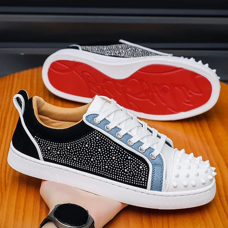 Zapatos casuales CL de suela roja para hombre, con remaches, para discoteca, zapatillas deportivas bajas, transpirables, de tacón plano, para suelo de cemento.