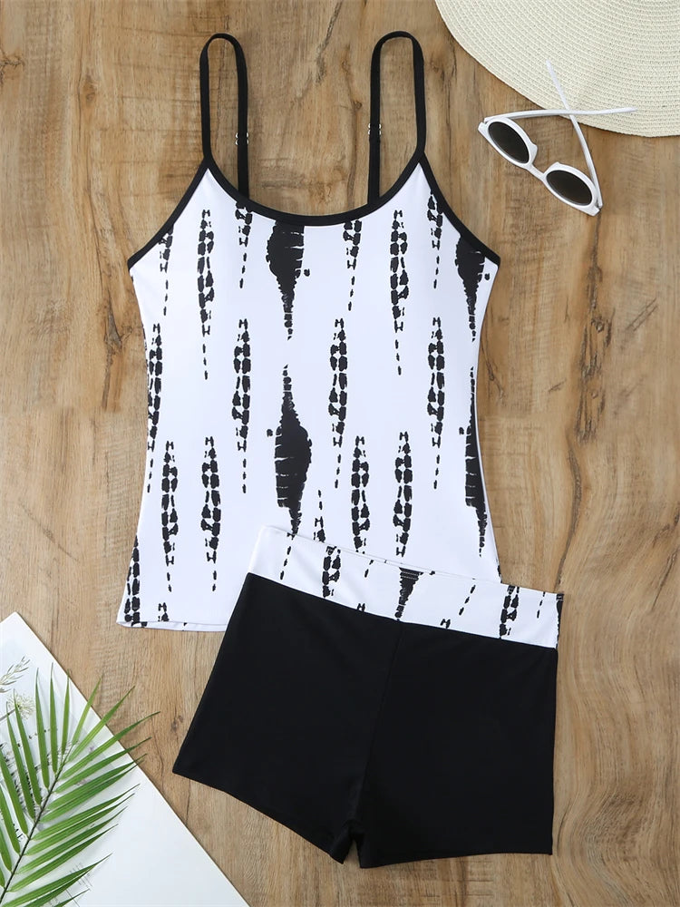 Traje de baño de dos piezas para mujer 2025, nuevo traje de baño liso con estampado de tirantes, tankini de verano, pantalones cortos tipo bóxer de cintura alta, traje de baño de playa para mujer