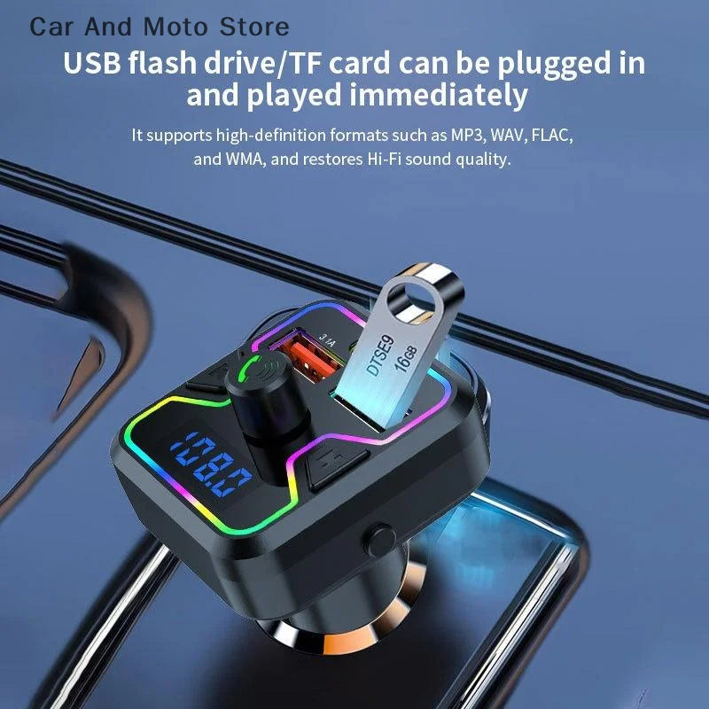 Transmisor FM Bluetooth 5.3, receptor inalámbrico, reproductor MP3, cargador de coche, carga rápida USB PD, adaptador de kit manos libres para coche