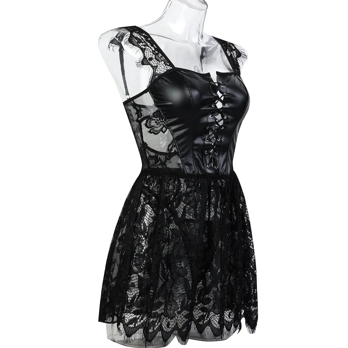 Conjunto exótico de PU sexy para mujer, vestido de encaje transparente, lencería elegante con abertura, body exótico para fiesta y club.