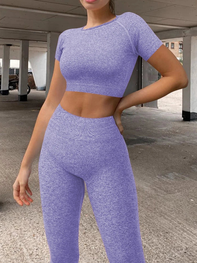 Conjunto de yoga de verano para mujer, cuello redondo, cintura alta, levantamiento de cadera, ajustado, moldeador, conjunto deportivo de dos piezas para fitness