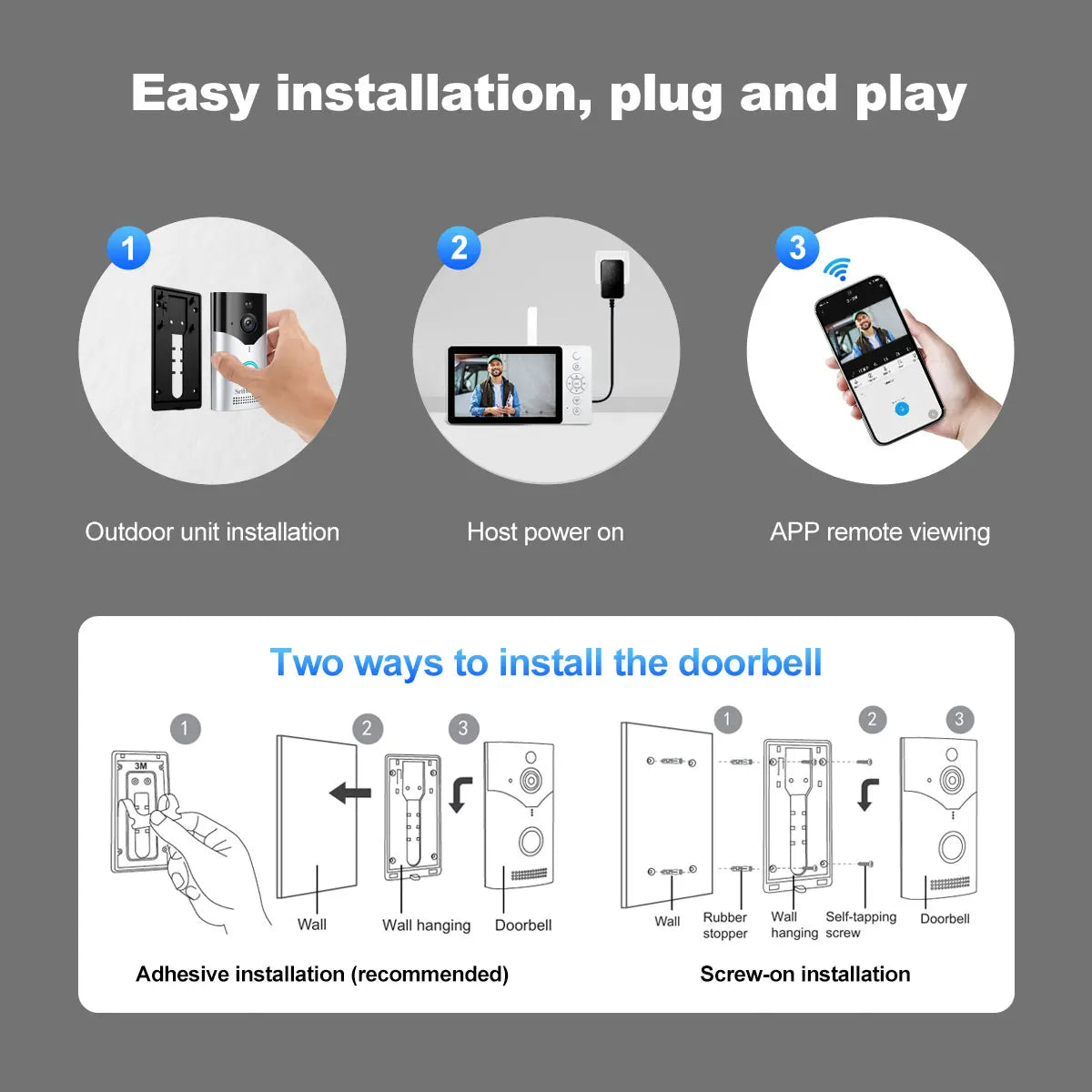Sistema de timbre Srihome con pantalla HD de 4 MP y 5 pulgadas, monitoreo remoto por teléfono, videoportero de 5000 mAh, visión nocturna, timbre inalámbrico inteligente