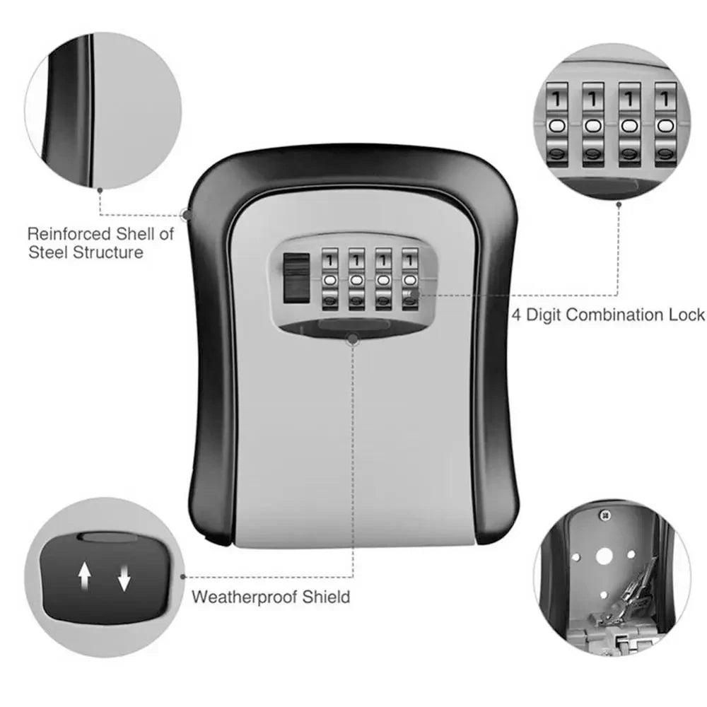 Caja de código de 4 dígitos, instalación gratuita, caja de llave con contraseña para exteriores, gancho de bloqueo extendido, alambre de acero, almacenamiento de llaves para colgar, llave impermeable