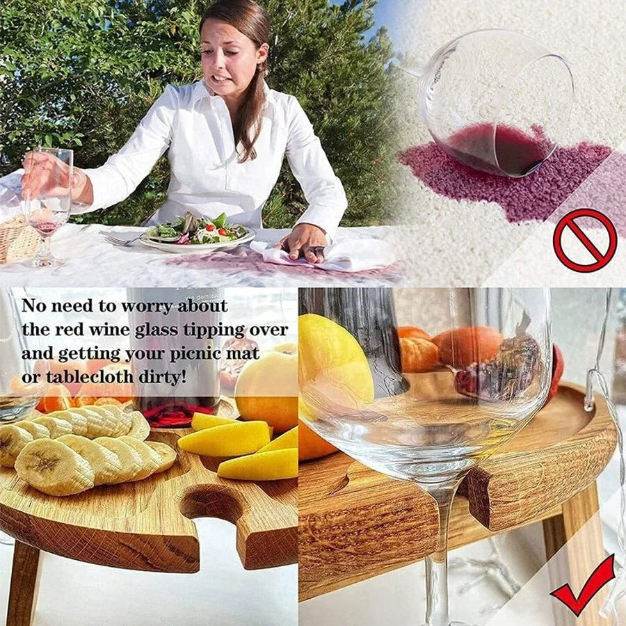 Mesa de picnic plegable de madera para exteriores con soporte para copas, 2 en 1, redonda, para escritorio y copas de vino, mesa plegable para fiestas en el jardín.