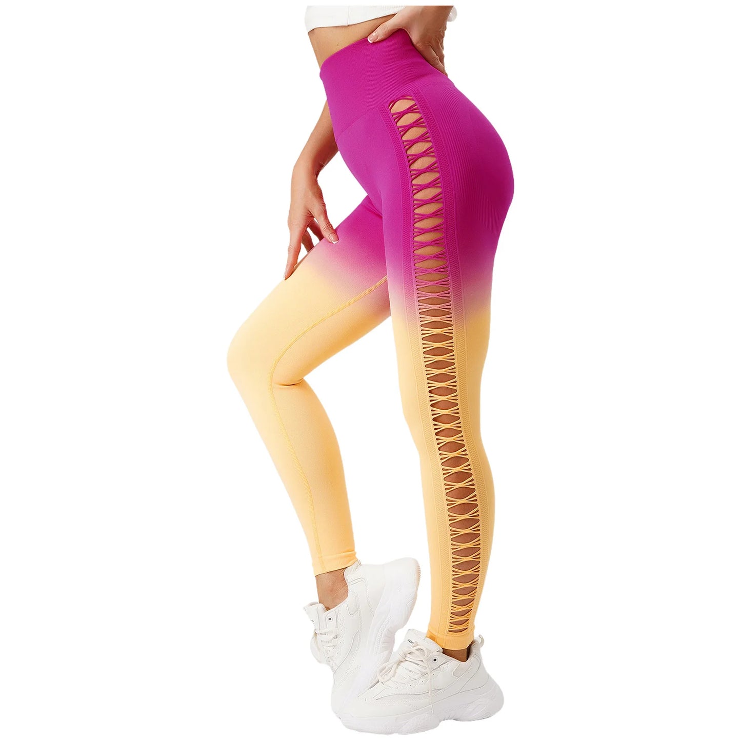 Womens Hip Tight Yoga Pants High Waist Side Hollowed-Out Mesh Design Exercise Yoga Leggings Running Gym Fitness