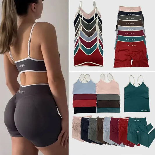 TEVEO - Pantalones cortos deportivos de yoga para mujer, pantalones deportivos elásticos para fitness y ciclismo, conjunto de sujetador de yoga corto Ignite Sculpt Scrunch, leggings